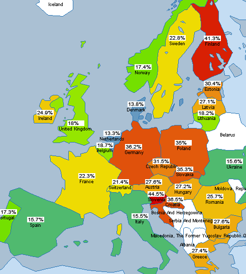 Mapa que muestra el porcentaje de uso de Firefox en Europa según el paí­s.