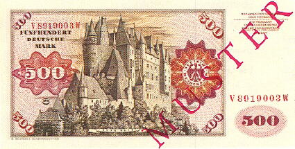 Billete de 500 Marcos con la imagen del Castillo Eltz.
