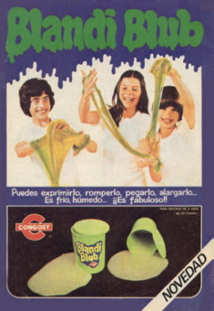 Anuncio del Blandi Blub: Puedes exprimirlo, romperlo, pegarlo, alargarlo ... Es frío, húmedo ... ¡¡Es fabuloso!! Un producto Congost.