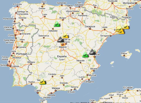 Ejemplo de los resultados de una búsqueda en eTraffic mostrando los puntos problemáticos sobre un mapa de España.
