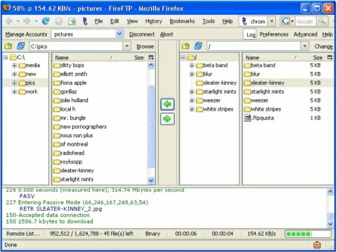 Captura de pantalla que muestra el aspecto de la extensión FireFTP cuando es ejecutada.