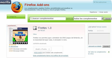 Captura de pantalla que muestra la página de descarga de la extensión FireNes.