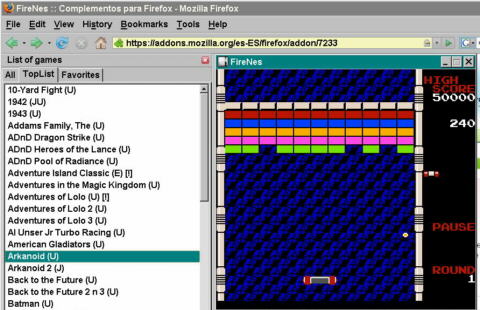 Captura de pantalla que muestra el juego Arkanoid de la extensión FireNes.