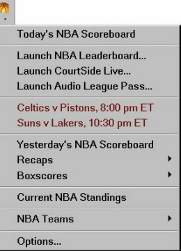 Menú de la extensión NBA Scoreboard 2009 en el que se pueden ver las diferentes funcionalidades de la extensión.