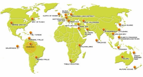 Localización en el mapa del mundo de los lugares finalistas del concurso 'Las Nuevas 7 Maravillas de la Naturaleza'.