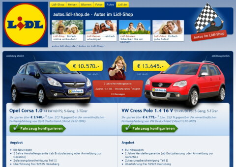 Captura de pantalla con la página de LIDL.de donde se venden los coches.