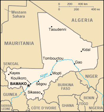 Mapa que muestra la situación de Malí dentro de África.