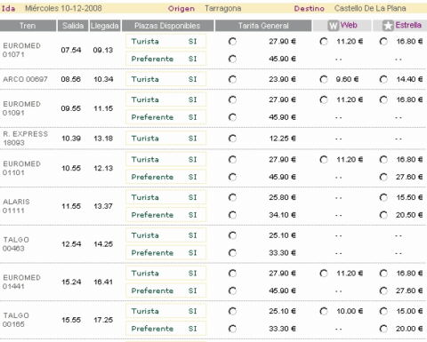 Captura de pantalla donde se muestran los precios de los billetes para las diferentes tarifas: General, Web y Estrella.
